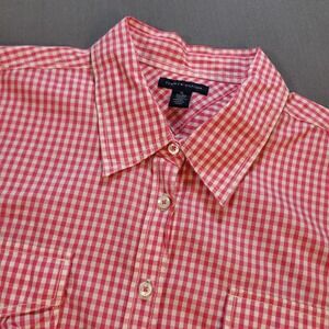Tommy Hilfiger Pink Gingham Button Down Shirt Womens XL Short Sleeve Tie Sleeve